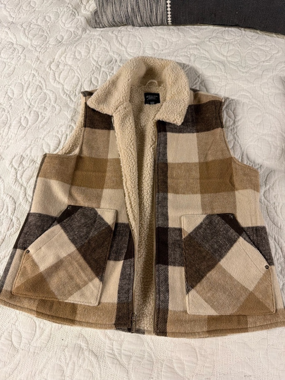 Target Plaid Sherpa-Lined Vest in Brown and Cream